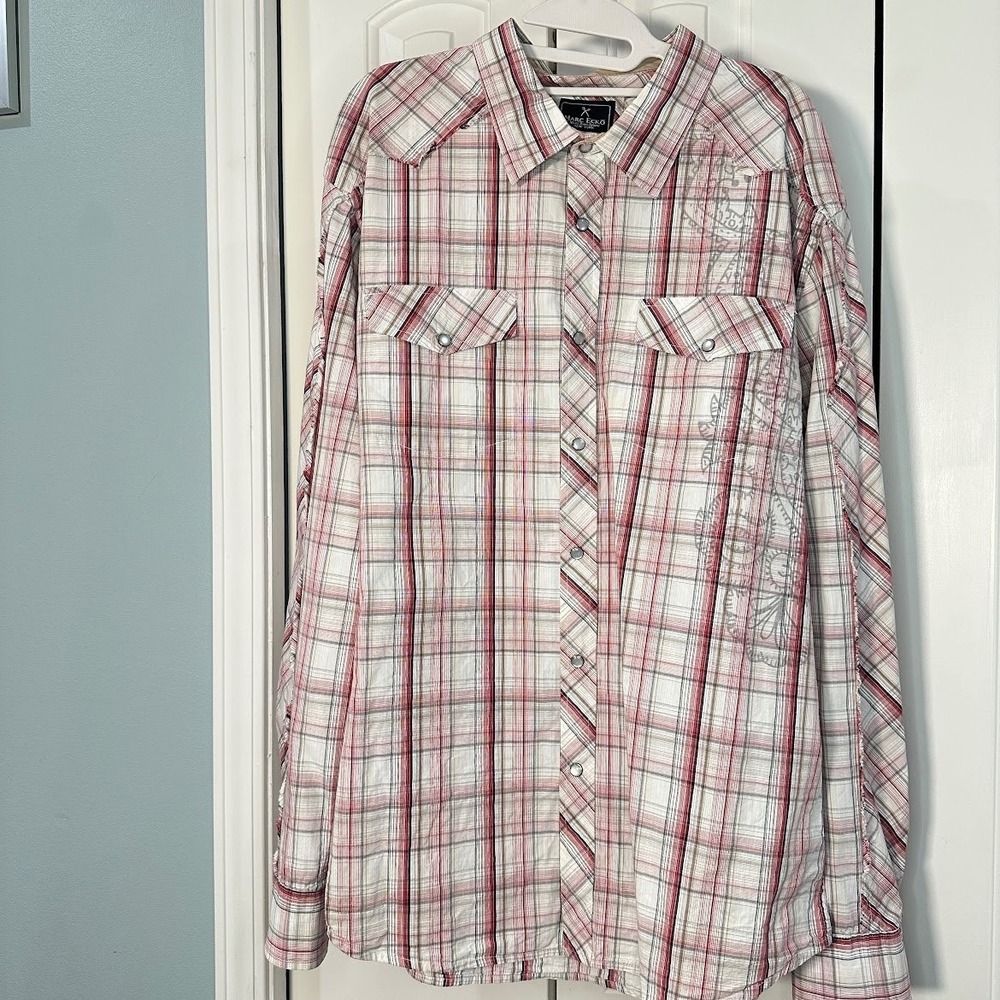 Marc Ecko Cut & Sew Mens XL Plaid Western Snap Button Shirt Red White Graphic